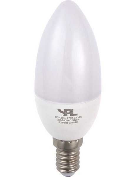 SPL LED kaarslamp DimToWarm 6W=39W E14 230V 2700K-2000K kleur 927-920 C37 opaal dimbaar
Dim to warm, kleurtemperatuur verschuift van warmwit (2700K) naar zeer warmwit (2000K) bij volledig dimmen