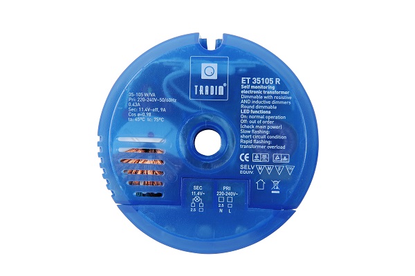 Tradim elektronische halogeen transformator 12V 35-105W rond 86x26mm met gat 11mm