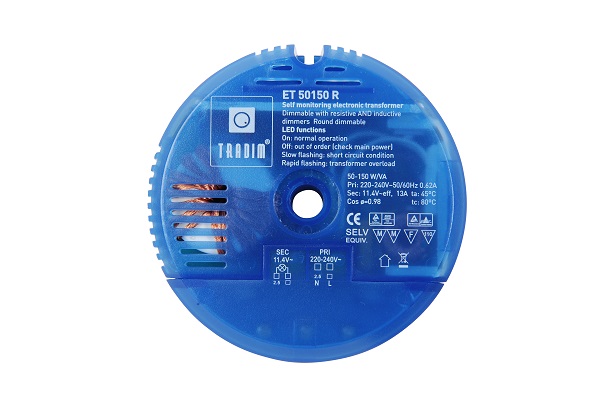 Tradim elektronische halogeen transformator 12V 50-150W rond 105x32mm met gat 11mm