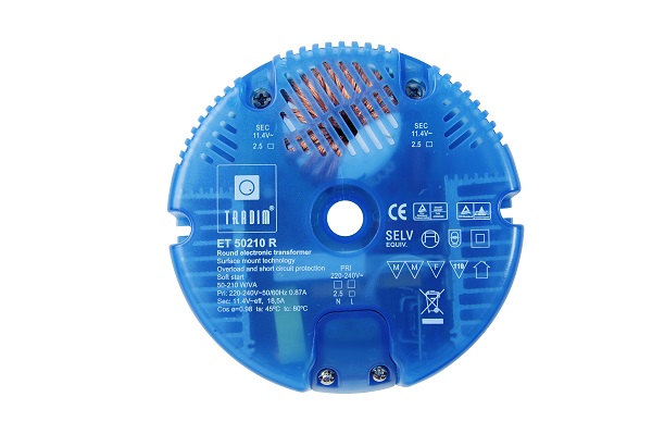 Tradim elektronische halogeen transformator 12V 50-210W rond 110x36mm met gat 11mm