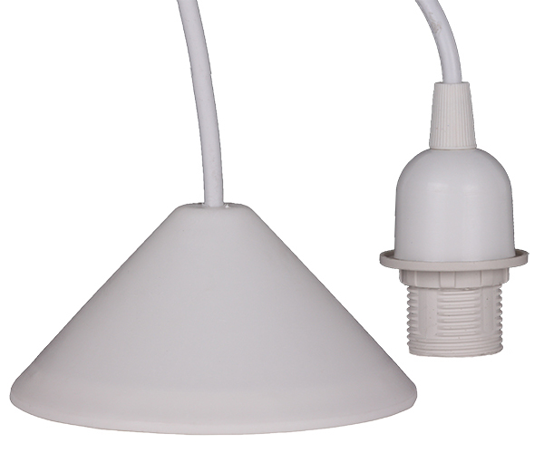 FL pendelsnoer 0,8m E14 + kap + ring met flens buitendraad wit
maximaal 60W