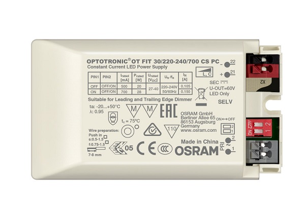 Osram OT FIT 30/220…240/700 CS PC LEDdriver 500mA 13,5-20W en 700mA 18,9-28W inbouwmodel dimbaar