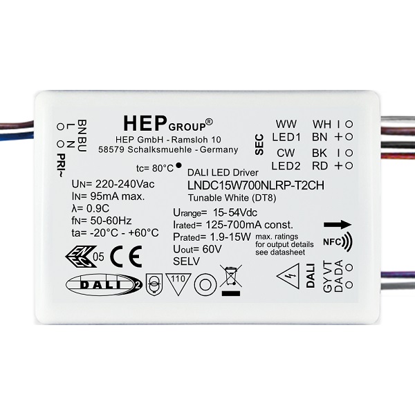 HEP LNDC15W700NLRP-T2CH NFC 125-700mA LEDdriver DALI 2 DT8 dimbaar 2 kanalen inbouw met bedrading
