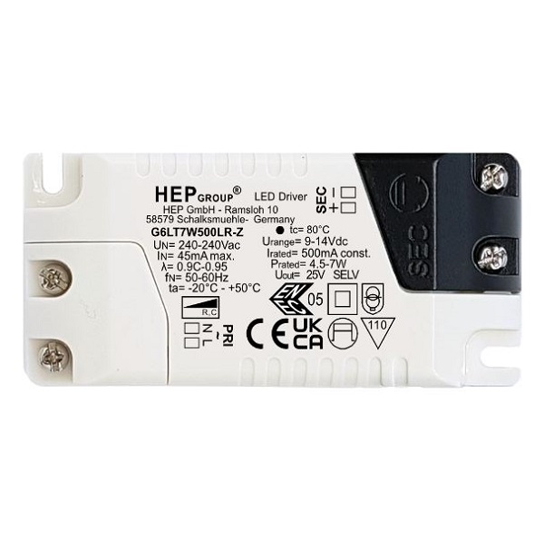 HEP G6LT7W500LR-Z 500mA 4,5-7W LED driver dimbaar opbouw met trekontlasting