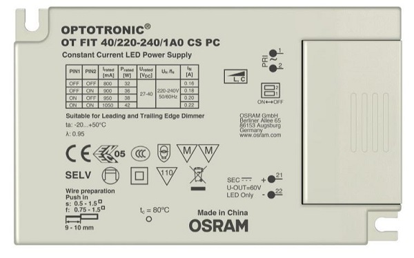 Osram OT FIT 40/220…240/1A0 CS PC SC LEDdriver 800mA, 900mA, 950mA en 1050mA dimbaar