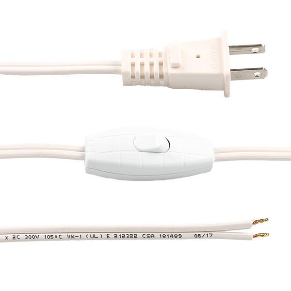 FL USA snoer met schakelaar UL 2xAWG18 120cm tussen stekker en schakelaar, 80cm vrije uiteinde wit