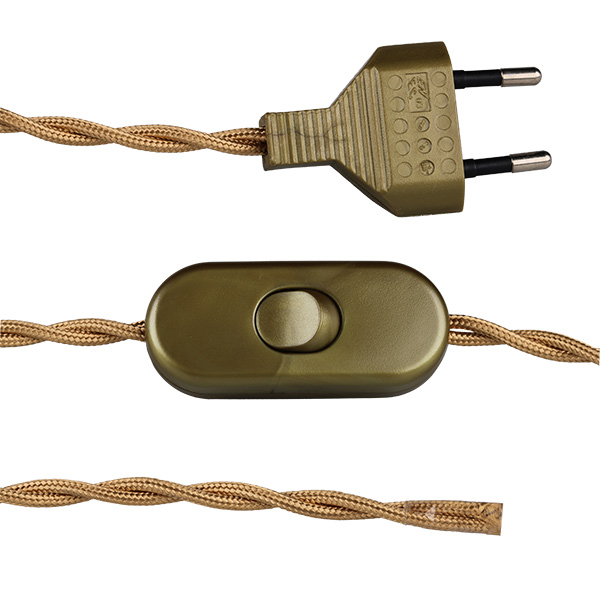 FL stofkabel gedraaid met goud kleurige eurostekker en snoerschakelaar 2x0,75mm2 2,0m stofkabel twist goud