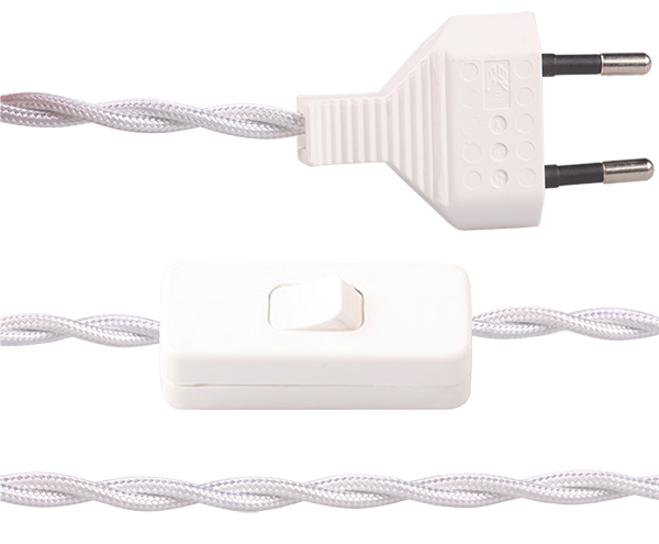 FL stofkabel gedraaid met witte eurostekker en witte snoerschakelaar 2x0,75mm2 2,0m stofkabel twist wit