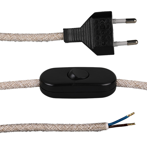 FL stofkabel met zwarte eurostekker en zwarte snoerschakelaar 2x0,75mm2 2,0m stofkabel linnen