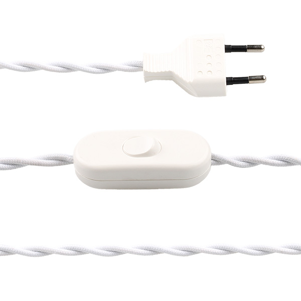 FL stofkabel gedraaid met witte eurostekker en witte snoerschakelaar 2x0,75mm2 2,0m stofkabel twist wit