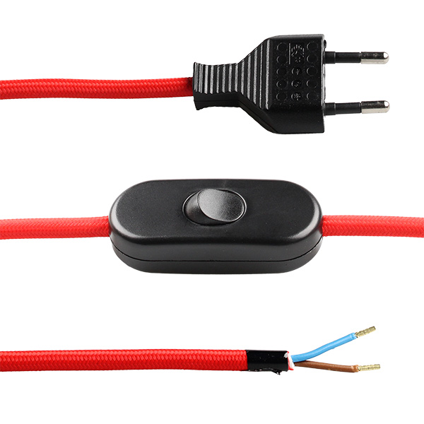 FL stofkabel met zwarte eurostekker en zwarte snoerschakelaar 2x0,75mm2 2,0m stofkabel rood