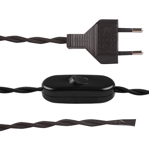 FL stofkabel gedraaid met zwarte eurostekker en zwarte snoerschakelaar 2x0,75mm2 2,0m stofkabel twist zwart