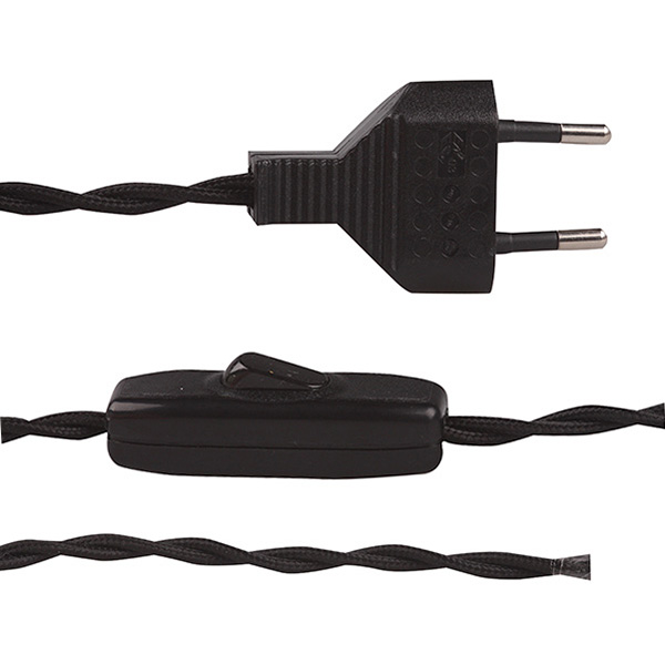 FL stofkabel gedraaid met zwarte eurostekker en zwarte compacte snoerschakelaar 2x0,75mm2 2,0m stofkabel twist zwart