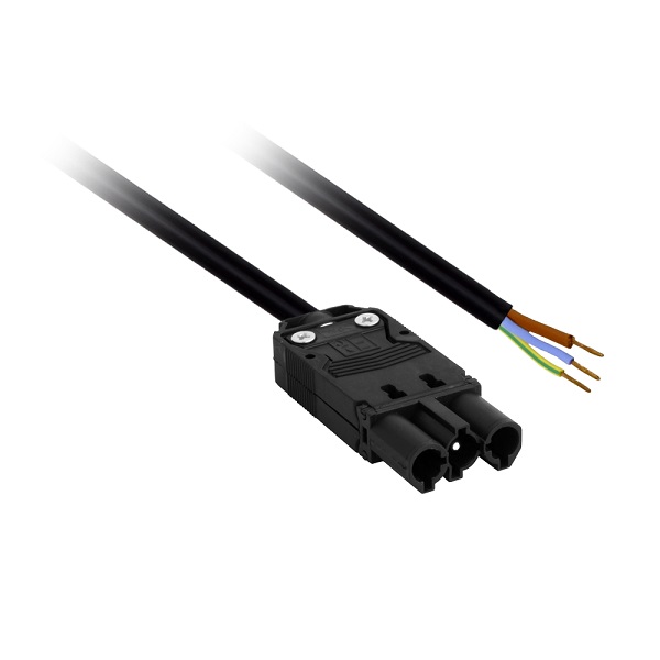 Elet-Plast aansluitsnoer met platte 3 polige male connector en een zijde gestript 2,0m 3x1,5mm2 70° zwart