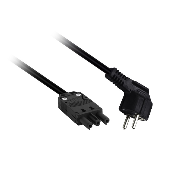 Elet-Plast netsnoer met platte 3 polige female connector en haakse randaarde stekker 2,0m 3x1,5mm2 70° zwart