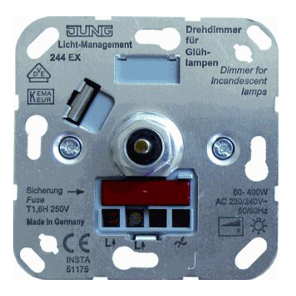 Jung dimmer 100-1000W gloeilamp 211GDE
draaidimmer gloeilamp met druk-wisselschakelaar voor 230V gloeilampen en 230V halogeenlampen