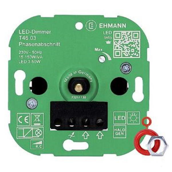 Universele druk wissel dimmer 15-150W voor dimbare LED's, dimbare spaarlampen, gloeilampen, 230V halogeenlampen en 12V halogeenlampen met elektronische trafo
Geschikt voor 4mm en 6mm as met instelpotmeter voor minimaal lichtnivo