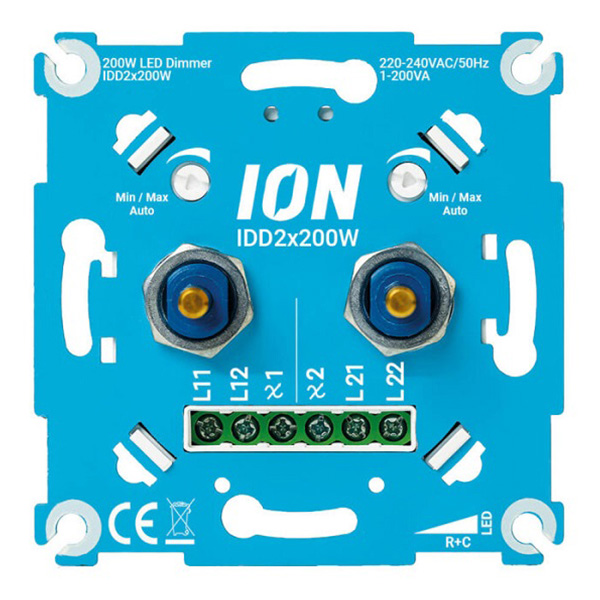 Ion Industries IDD2x00W inbouwdimmer duo wissel 2 x 1-200W voor dimbare LED's, gloeilampen, 230V halogeenlampen en 12V halogeenlampen met elektronische trafo
Met instelpotmeter voor minimaal- en maximaal lichtnivo en 2 x wisselschakelaar