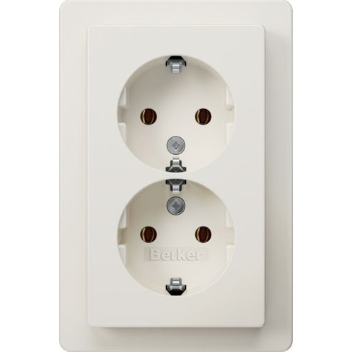 Berker Q.1 wandcontactdoos 2 voudig met randaarde vertikaal met volle afdekplaat voor 1 inbouwdoos conform DIN 49073-1 (hoog) zonder spreidklemmen polarwit RAL9010 zijdeglans