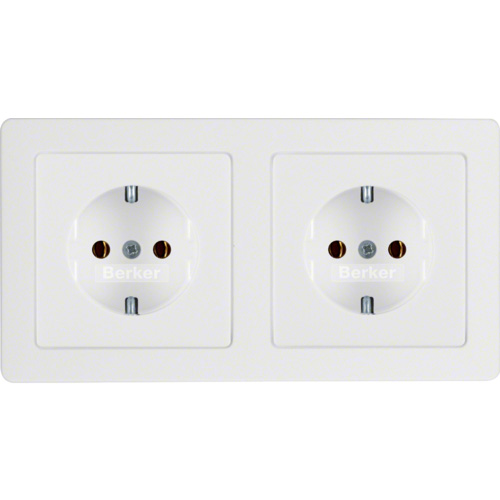 Berker Q.1 wandcontactdoos 2 voudig met randaarde en afdekraam horizontaal speciaal voor wandgoot polarwit RAL9010 zijdeglans