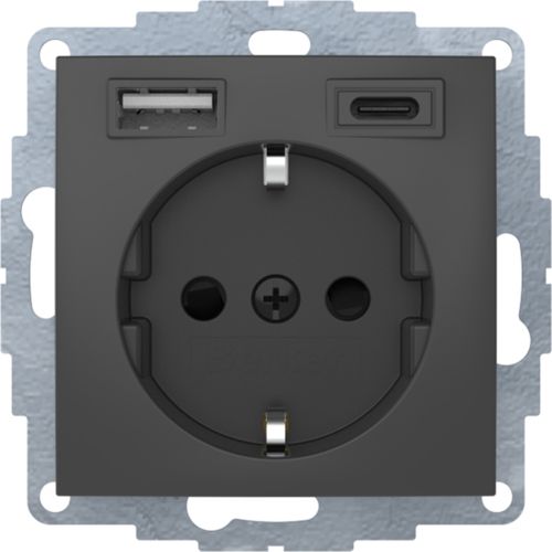 Berker S.1, B.3, B.7 wandcontactdoos 1 voudig met randaarde USB A+C kinderveilig insteek zonder spreidklemmen antraciet RAL7021 mat